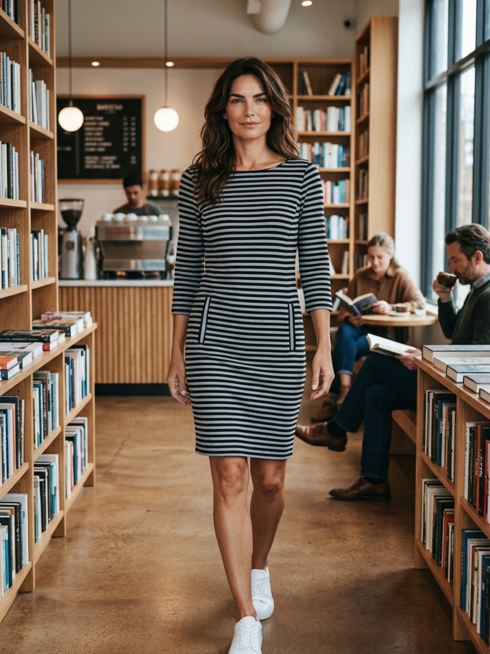White House Black Market Black and White Striped Midi Sheath Dress